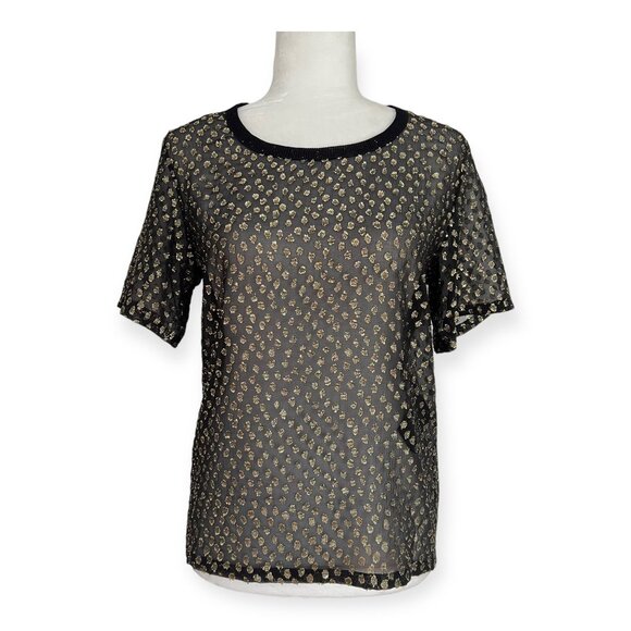 Saint Laurent Black Gold Metallic Polka Dot Sheer Tee - Picture 2 of 12